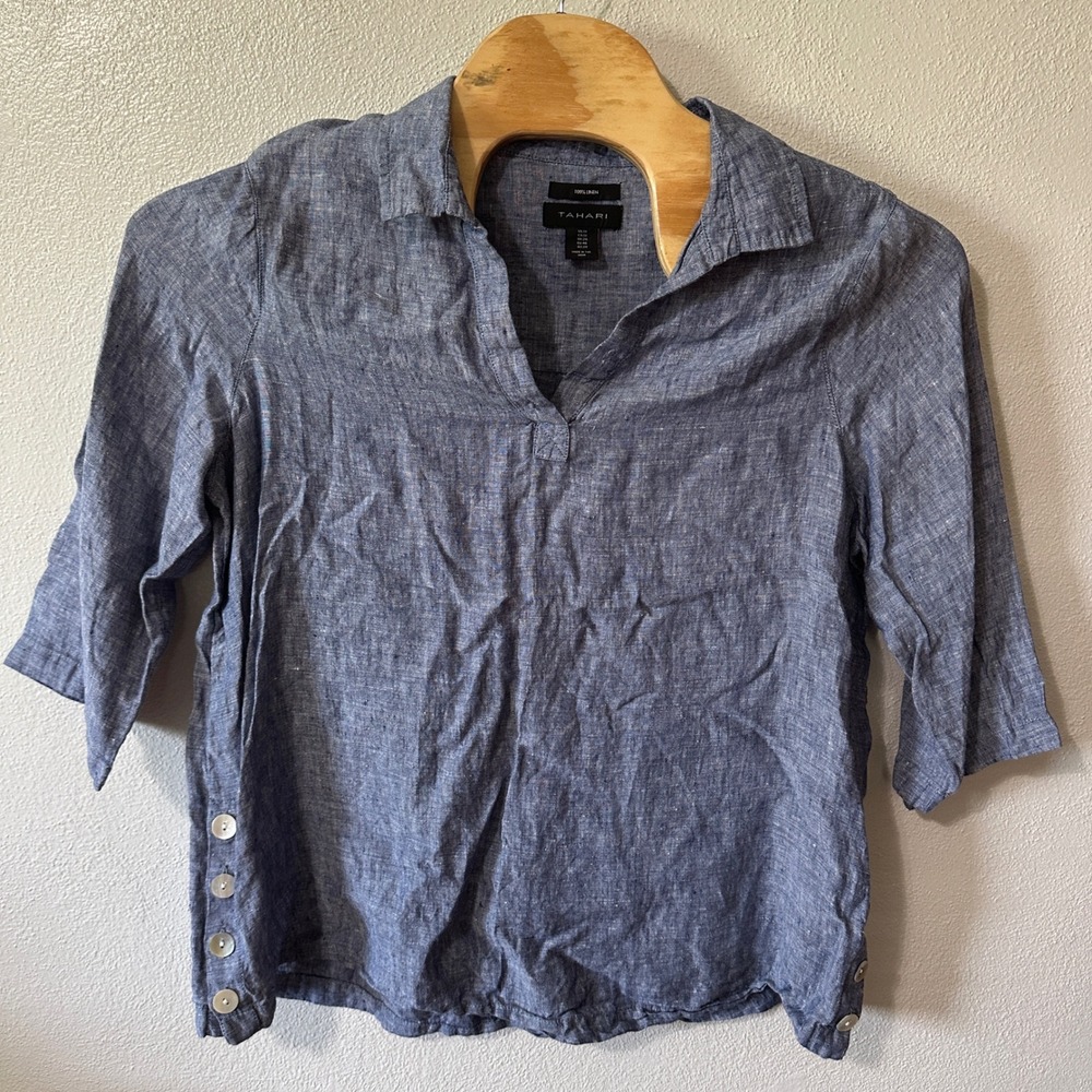 Tahari Linen Tunic Top Button Accent 3/4 Sleeve Blouse Blue V-Neck‎ Womens 1X